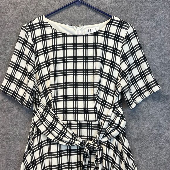 ELLE Black White Plaid Fit & Flare Dress Handkerchief Hem Size Large Zipper EUC - Picture 2 of 15
